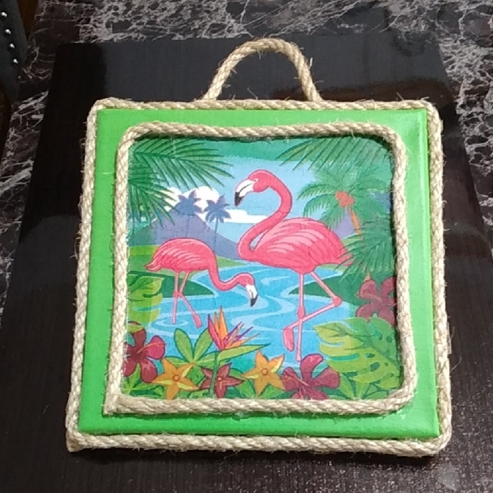 Tropical Flamingo Wall Art with Rope Frame